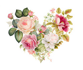 Romantic heart vignette made of vintage flowers and leaves of roses in gentle retro style watercolor painting generative AI art	 - 558931531