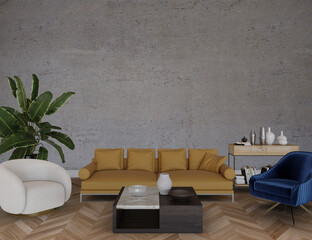 Living interior with yellow sofa