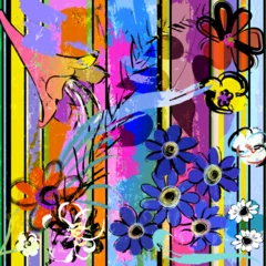 Poster abstract background composition with flowers, paint strokes, splashes and geometric lines © Kirsten Hinte