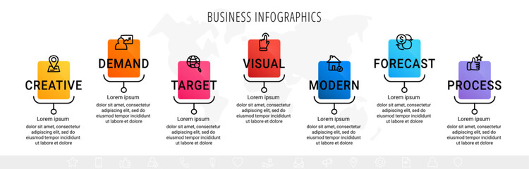 Vector line infographics with 7 rectangles. Business concept graphic process template with seven steps and labels. Graphic timeline for step by step, app, website, diagram, banner, presentations