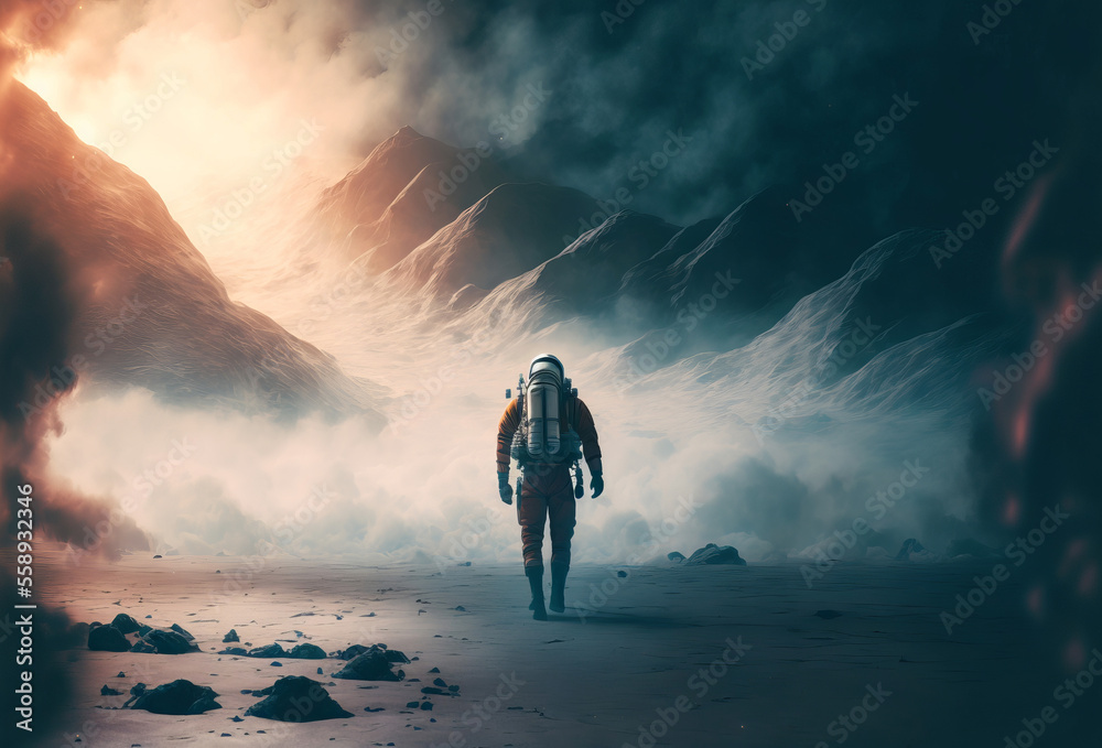 Poster a spaceman walking through a misty distant planet landscape. generative ai