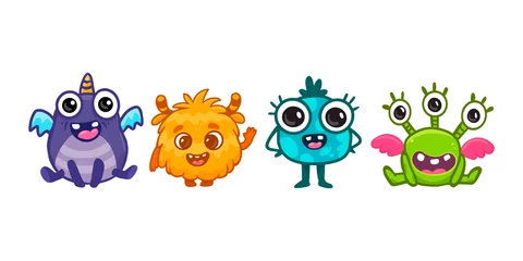 Fotobehang Set of cute cartoon monsters.Funny characters on white background.Icon monster.Alien. © Alina