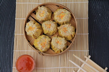 siomay dimsum filled with prawns, chicken, spring onions, top view angle