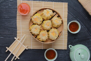 siomay dimsum filled with prawns, chicken, spring onions, top view angle