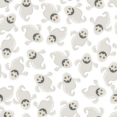 Fototapeta premium Funny happy ghost vector seamless pattern. Childish spooky boo background for kids. Magic scary spirit. Cartoon vector texture of comic phantom