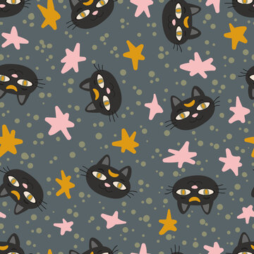 Halloween magic Black cat head vector seamless pattern. Funny character face texture.