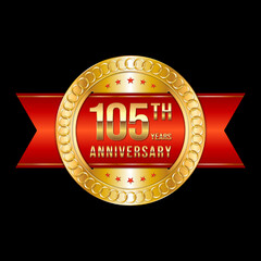 105th Anniversary. Anniversary logo design with gold color text and red ribbon for anniversary celebration event. Logo Vector Illustration