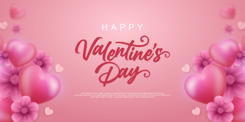 Realistic vector 3d hearts banner for valentines day with style lettering