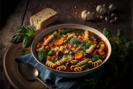 a bowl of soup with pasta.