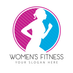Obraz na płótnie Canvas Profile view of a woman jogging. Women's fitness logo. Silhouette of a fit woman running side view. Fitness icon in pink and blue