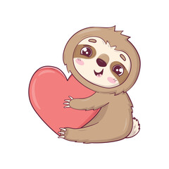 Cute sloth Kawaii character hugging heart for Valentine's Day