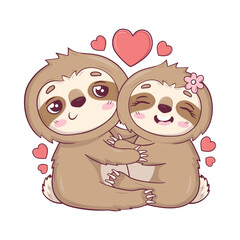 Cute sloths Kawaii character hugging each other in love for Valentine's Day