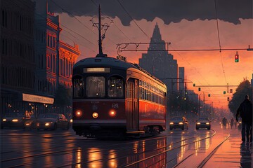 a painting of a trolley on a city street at sunset with cars passing by and a person walking on the sidewalk in the foreground of the picture.