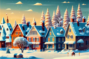Fototapeta na wymiar Illustration of Christmas village. Cute European Houses. Happy new year. Winter landscape. Generative AI