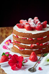 Victoria sponge cake with cream and strawberry on table with flower decor