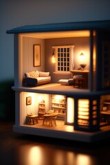 A realistic dollhouse living room,kitchen room and bed room luxury hyper realistic vintage cozy interior lighting