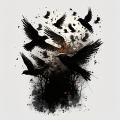 Swarm of birds ink splatter style created with AI