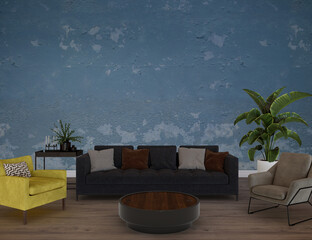 Interior of a room front of the blue wall