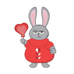 character for valentine's day with a heart in his hand, the character of a hare, a rabbit shows class for an advertising banner, poster, postcard