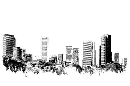Denver Colorado Skyline, ink sketch illustration isolated on white background.