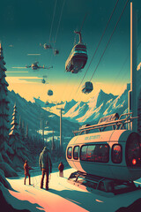 Fototapeta na wymiar Futuristic ski resort with old vintage ski lift, in the style of 80's posters, Generative AI