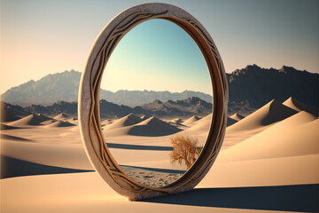 Large round mirror in desert, front view. Generative AI