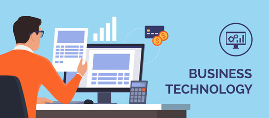 Business executive checking digital paperwork on his computer