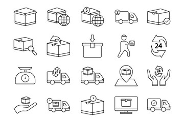 Logistic illustration icon set, packaging, delivery. Line icon style. Simple vector design editable