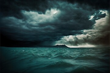 a dark sky with a large amount of clouds over a body of water with a small island in the distance in the middle of the ocean with a dark sky with a few clouds and a few dark clouds above it.