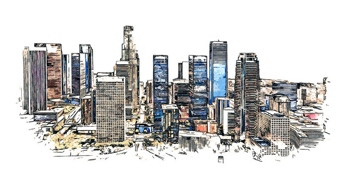 Los Angeles Skyline View, Color Sketch Illustration Isolated On White Background.