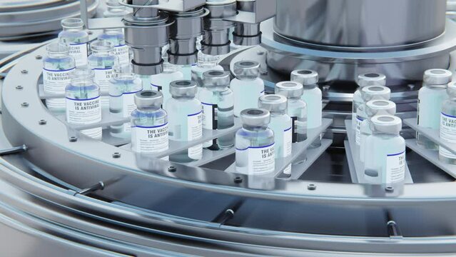 Close up. Antiviral vaccine manufacturing, machine puts caps on bottles vials passing on conveyor belt. Clear blue liquid.
Pharmaceutical company production line. 4K Looping 3d footage rendering.