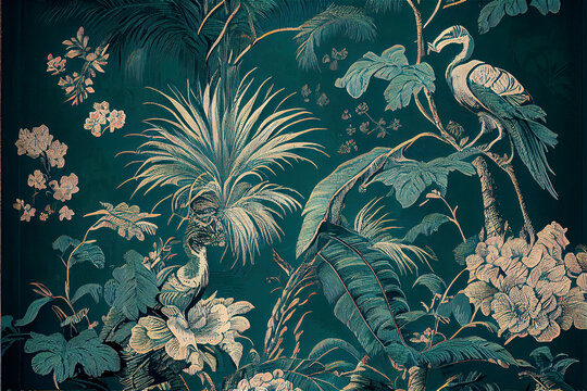 Exotic tropical pattern with parrots and flowers in toile de jouy style, generative AI