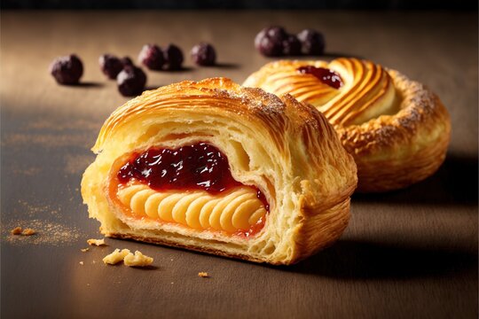 a pastry with jelly inside of it on a table with other pastries around it on a table top with a few other items around it and a few other items around it.
