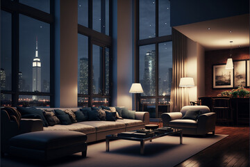 Penthouse Living Room, Luxury Apartment with Skyline City View, Generative ai