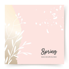 Spring pink gold square background. Minimalistic style with floral elements and texture. Editable vector template for card, banner, invitation, social media post, poster, mobile apps, web ads