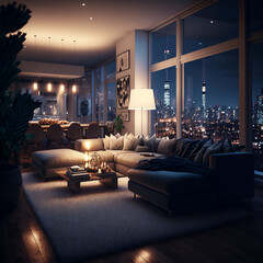 Penthouse Living Room, Luxury Apartment with Skyline City View, Generative ai