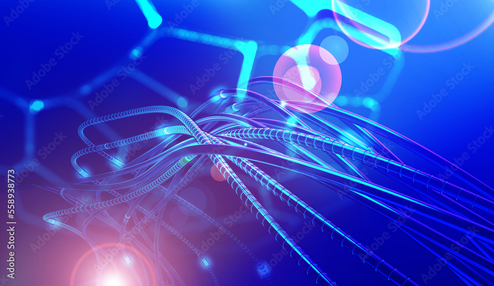 Fototapete Bright signals transmit data quickly. Bundles of abstract fiber optic wires in neon light. Technology of high-speed Internet connection. Cyber concept 3d illustration