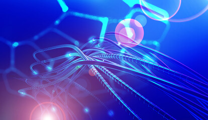 Bright signals transmit data quickly. Bundles of abstract fiber optic wires in neon light. Technology of high-speed Internet connection. Cyber concept 3d illustration