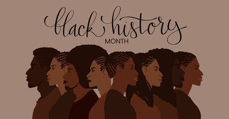 Black History month February banner with handwritten brush lettering and group of african american people.