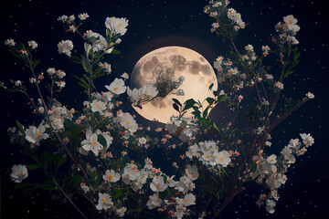 Blossoming Apple Tree at Night During Full Moon. Generative ai
