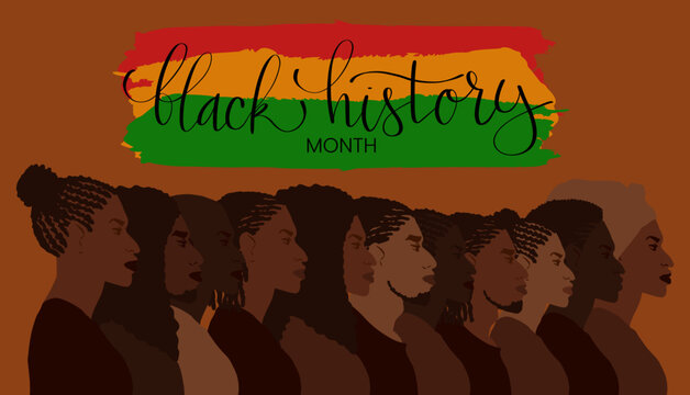 Black History month February banner with handwritten brush lettering and group of african american people.