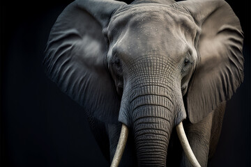 A close up portrait of an African Elephant, isolated on black