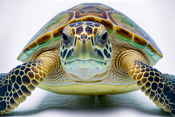 A close up portrait of a Green Sea Turtle, isolated on white