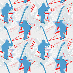Hockey seamless pattern with winner child hockey player. The silhouette of a player with a club raised up is blue.