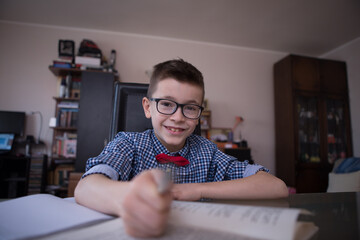 A very cute boy is studying and writing his homework