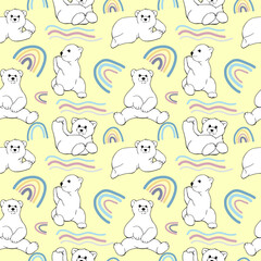 Hand-drawn polar bear vector seamless pattern. Children's fabric print. Rainbow. Bear cub. Fabric seamless pattern. Textile.