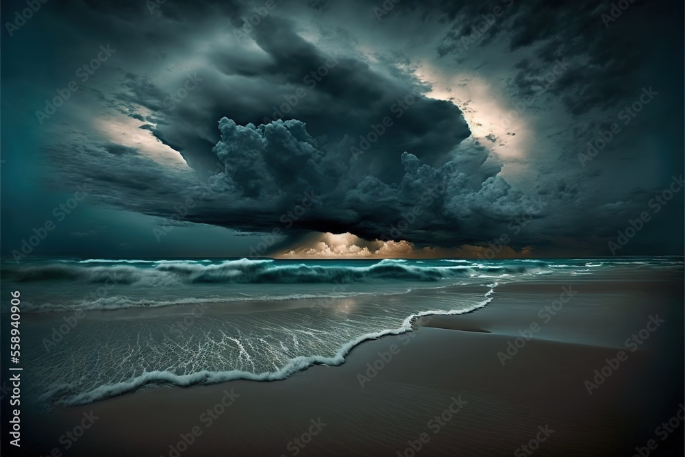 Canvas Prints a storm is coming over the ocean with a beach in the foreground and a dark sky in the background wit