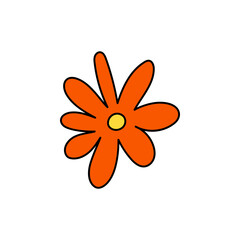 Retro Groovy Flower Element, Daisy flat icon in doodle style. Cute Hand Drawn Hippy Flower inspirited by 70s years. Vintage vector illustration isolated on white background. Floral for poster, print.