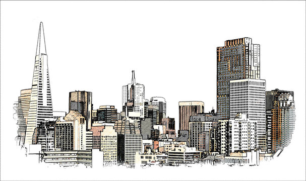 Financial District San Francisco Skyline, color pencil style sketch illustration isolated on white background.