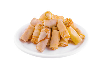 Delicious pancakes roll on white plate